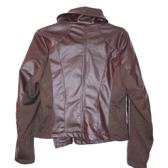 THERAPY women's m faux leather vegan friendly brown asymmetrical zipper jacket - Picture 7 of 12